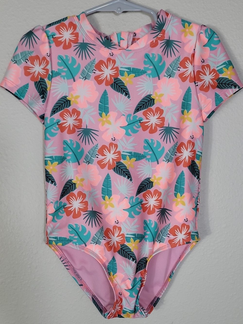 Cat & Jack Girls Floral One Piece Swimsuit Size 5T Short Sleeve Zip Back Beach